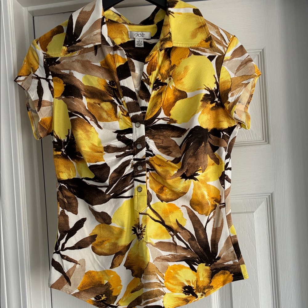 Cache Yellow and Brown Floral Blouse Size Large